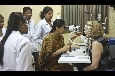 A member of the study receives an impromptu eye health check at the LV Prasad education centre, Hyderabad